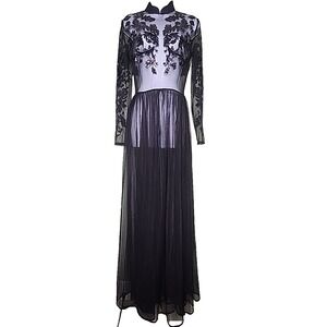 House of CB Sheer Tulle Maxi Sequin Dress M Black Floral Long Sleeve Goth Formal